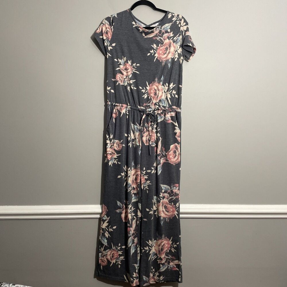 Tickled Teal Gray Floral Romper M Short Sleeve Lightweight Summer Wear